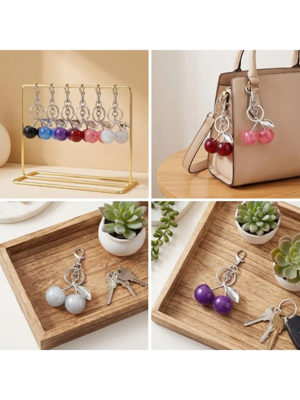 12 Cherry Bag Charms Set - Bling Gold & Silver Keychains for Bags & Accessories
